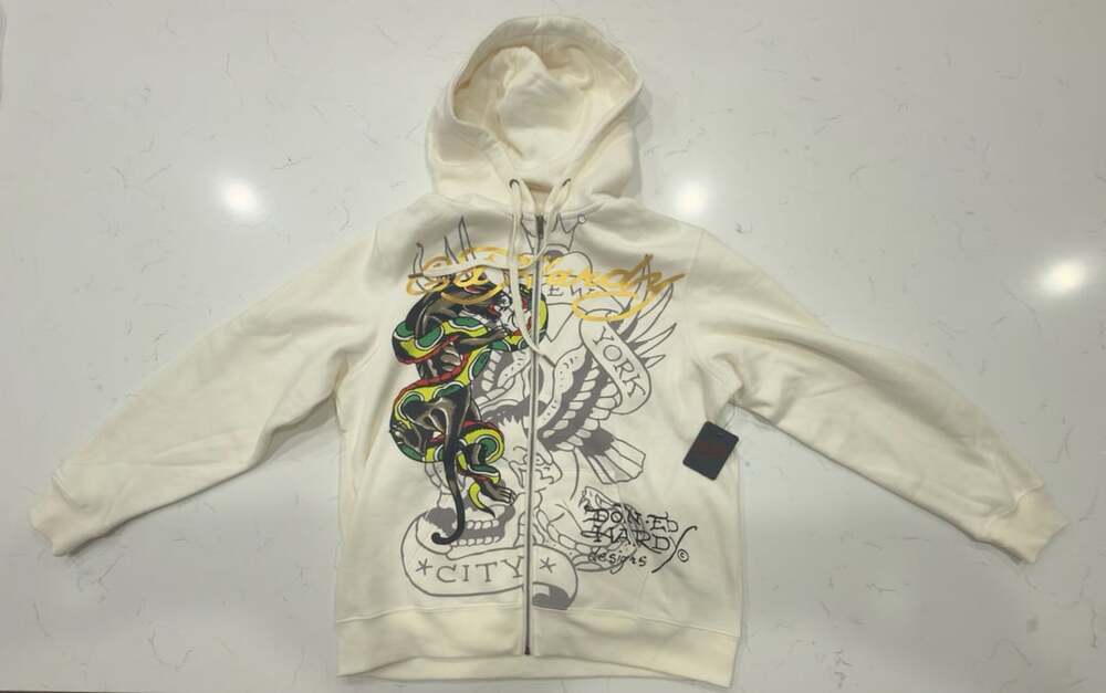Ed Hardy Men's New York City Eagle Snake Skull Full Zip Hoodie Ivory
